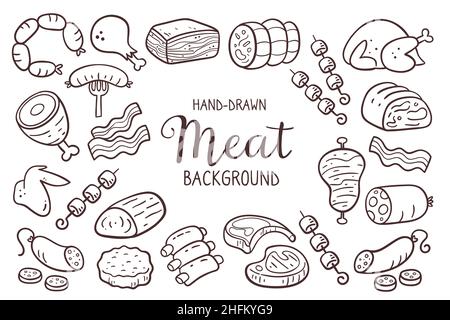 Fond de viande dessiné à la main.Morceaux de viande et produits à base de viande.Illustration des ingrédients alimentaires pour la cuisson.Icônes isolées sur fond blanc.Ven Illustration de Vecteur