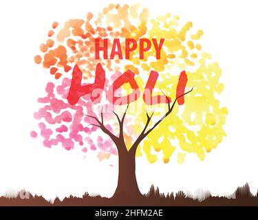 Happy Holi coloré Watercolor Tree bannière fond de modèle avec illustration vectorielle de texte modifiable Illustration de Vecteur
