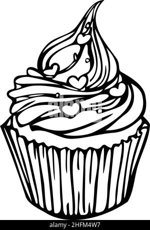 Illustration vectorielle de cupcake noir et blanc.Gâteau isolé dessiné à la main. Illustration de Vecteur