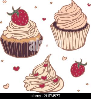 Illustration vectorielle avec collection de cupcakes colorés et représentés par une ligne.Petits gâteaux isolés dessinés à la main. Illustration de Vecteur