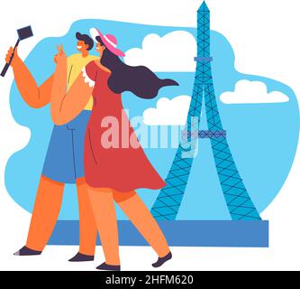 Homme et femme voyageant et prenant des selfies, femme et mari, petit ami et petite amie ou amis passant des vacances d'été ensemble.Des gens heureux à F Illustration de Vecteur