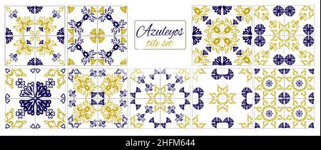 Motif de carreaux bleus et jaunes portugais - Azulejos vector, carreaux de décoration d'intérieur de mode.Arrière-plan textile ornemental Illustration de Vecteur