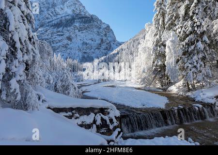 Rivière dans le paysage hivernal couvert de neige dans la vallée de Krnica, en Slovénie Banque D'Images