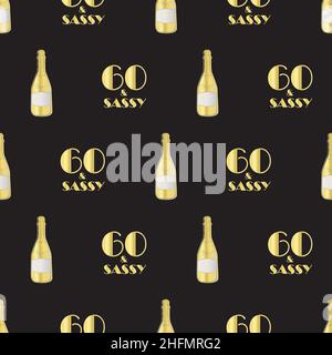 60 et motif vectoriel d'anniversaire sans coutures avec bouteilles et verres de champagne dessinés à la main.Fond doré et noir.Boissons gazeuses et 1920s polices Illustration de Vecteur