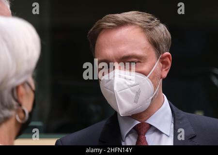 Bruxelles, Belgique.17th janvier 2022.Le ministre allemand des Finances, Christian Lindner, arrive à une réunion des ministres des Finances de la zone euro à Bruxelles, en Belgique, le 17 janvier 2022.Crédit: ALEXANDROS MICHAILIDIS/Alamy Live News Banque D'Images