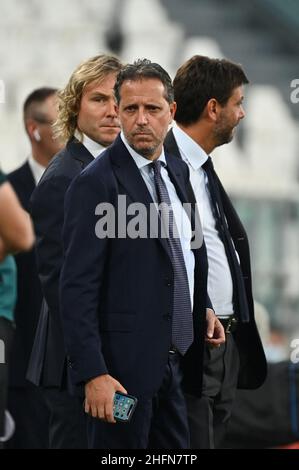 Massimo Paolone/Lapresse 1 août 2020 Turin, Italie football Juventus vs Roma - Ligue italienne de championnat de football A TIM 2019/2020 - Stade Allianz dans le pic: Fabio Paratici (Juventus F.C.), Pavel Nedved (Juventus F.C.), Andrea Agnelli (Juventus F.C.) Banque D'Images