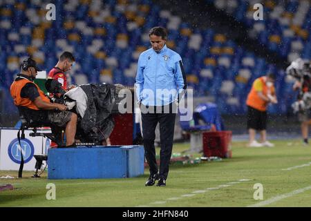 Cafaro/Lapresse août , 01 2020 Naples, Italie football sportif Napoli vs Lazio - Ligue italienne de football A TIM 2019/2020 - San Paolo Stadium.Dans le pic: Simone Inzaghi, directeur de S.S. Lazio montre sa déception. Banque D'Images