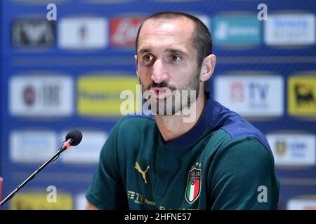 Lapresse - Jennifer Lorenzini 31 août 2020 Firenze (Italie) Sport Soccer Réunion italienne de football - "Coverciano" - Conférence de presse dans le pic: Giorgio Chiellini Banque D'Images