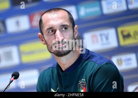 Lapresse - Jennifer Lorenzini 31 août 2020 Firenze (Italie) Sport Soccer Réunion italienne de football - "Coverciano" - Conférence de presse dans le pic: Giorgio Chiellini Banque D'Images