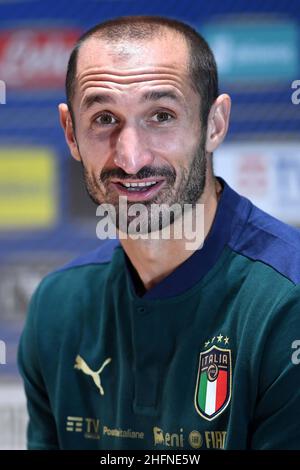 Lapresse - Jennifer Lorenzini 31 août 2020 Firenze (Italie) Sport Soccer Réunion italienne de football - "Coverciano" - Conférence de presse dans le pic: Giorgio Chiellini Banque D'Images