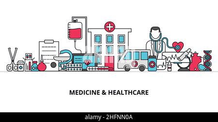 Illustration vectorielle moderne à lignes minces, concept de médecine et de soins de santé, premiers soins, équipement médical et traitement médical, pour graphique A. Illustration de Vecteur