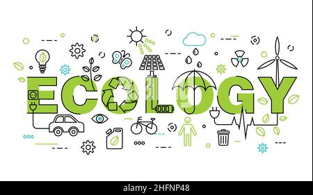 Illustration vectorielle moderne à lignes fines plates, infographie sur le problème écologique, génération et économie d'énergie verte en couleur verte, pour les GR Illustration de Vecteur