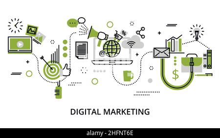 Illustration moderne de conception de ligne fine plate, concept d'infographie avec des icônes de l'entreprise en ligne, idée de marketing Internet, bureau et finance objet Illustration de Vecteur