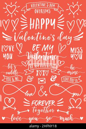 Cartes de Saint-Valentin, éléments de design blancs, coeurs dessinés à la main, ensemble vectoriel sur fond rouge Illustration de Vecteur