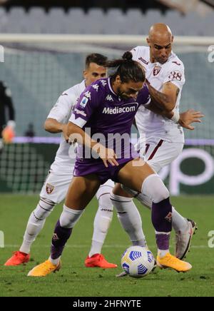 Marco Bucco/Lapresse 19 septembre 2020 Florence , Italie football sportif Fiorentina vs Turin - Ligue italienne de football A TIM 2020/2021 - Stade Artemio Franchi, Florence .Dans le pic: Caceres défis Zaza Banque D'Images