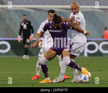 Marco Bucco/Lapresse 19 septembre 2020 Florence , Italie football sportif Fiorentina vs Turin - Ligue italienne de football A TIM 2020/2021 - Stade Artemio Franchi, Florence .Dans le pic: Caceres défis Zaza Banque D'Images