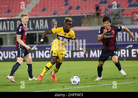 Lapresse/Filippo Rubin 28 septembre 2020 Bologne (Italie) Sport Soccer Bologna vs Parme - Championnat italien de football League A 2020/2021 - &#x201c;Renato Dall&#x2019;Ara&#x201d; Stade dans la photo: YANN KARAMOH (PARME) Banque D'Images