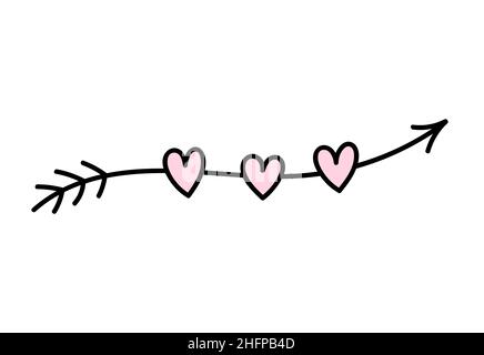 Jolie flèche avec coeurs isolés sur fond blanc.Illustration vectorielle dessinée à la main.Parfait pour les motifs, cartes, invitations et décorations de la Saint-Valentin. Illustration de Vecteur
