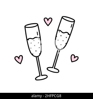 Deux verres de champagne isolés sur fond blanc.Toast de célébration.Illustration vectorielle dessinée à la main, style doodle.Parfait pour les motifs, cartes, invitations et décorations de la Saint-Valentin. Illustration de Vecteur