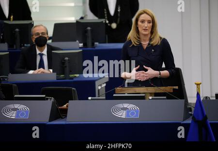 17 janvier 2022, France, Straßburg: Roberta Metsola, Présidente du Parlement européen, prononce une allocution lors d'une cérémonie commémorative du regretté ancien Président du Parlement européen Sassoli au Parlement européen.Photo: Philipp Von Ditfurth/dpa Banque D'Images