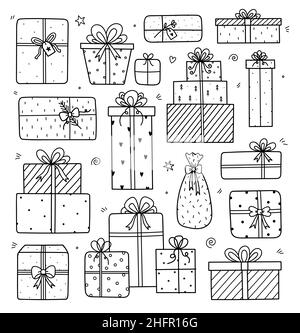 Ensemble mignon de gribouillages avec cadeaux isolés sur fond blanc.Présente dans différents forfaits festifs, avec des noeuds et différents motifs.Illustration vectorielle dessinée à la main.Parfait pour les décorations de vacances. Illustration de Vecteur