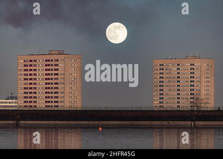 La pleine lune de janvier, connue sous le nom de Wolf Moon, s'élève au-dessus des appartements à Edgbaston, Birmingham, Royaume-Uni.Crédit : Peter Lophan/Alay Live News Banque D'Images