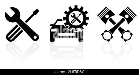 Jeu d'icônes vecteur de concept de service de voiture Web et Internet, outils, symboles de véhicule et pistons isolés sur fond blanc avec réflexion Illustration de Vecteur