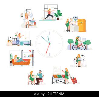 Temps de routine quotidien féminin.Activité des filles pendant la journée.Regardez le visage avec des scènes de tous les jours.Femme se réveillant et prenant une douche.Le travail de caractère et le cyclisme Illustration de Vecteur