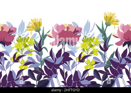 Motif fleuri vectoriel sans couture, bordure.Design horizontal panoramique avec fleurs jaunes et roses. Illustration de Vecteur