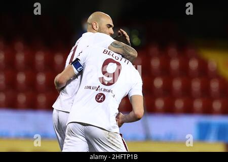 Alessandro Garofalo/Lapresse 22 janvier 2021 Benevento, Italie football sport Benevento vs Torino - Ligue italienne de football A TIM 2020/2021 - Stade Vigorito.Dans la photo: Simone Zaza Torino , Andrea Belotti Torino Banque D'Images
