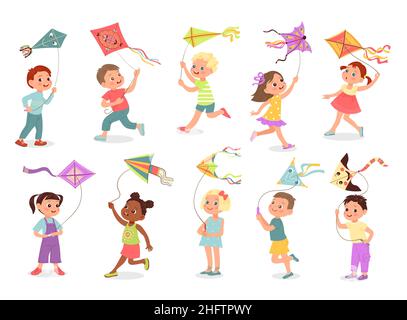Enfants avec cerfs-volants.Les enfants heureux jouent avec des cerfs-volants de couleur, des jouets volants de conception différents, des garçons et des filles drôles, des jeux d'été actifs en plein air, des dessins animés vectoriels Illustration de Vecteur