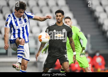 Lapresse - Marco Alpozzi 18 février 2021 Turin, Italie sport football Real Sociedad vs Manchester United - UEFA Europa League 2020 2021- Round de 32, 1st LEG dans le pic: Robin le Normand (Real Sociedad); Banque D'Images