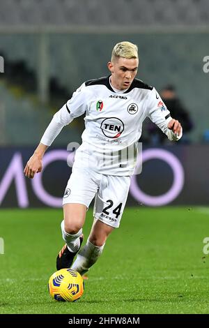 Lapresse - Jennifer Lorenzini 19 février 2021 Firenze (Italie) Sport Soccer Fiorentina - Spezia Italian football Championship League A TIM 2020/ 2021 - 'Artemio Franchi' Stadium in the pic: Nahuel Estevez Banque D'Images