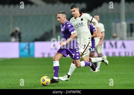 Lapresse - Jennifer Lorenzini 03 mars 2021 Firenze (Italie) Sport Soccer Fiorentina - Roma Italian football Championship League A TIM 2020/ 2021 - Stade "Artemio Franchi" dans le pic: Ribery, Mancini Banque D'Images