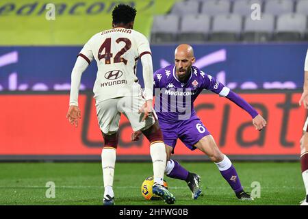 Lapresse - Jennifer Lorenzini 03 mars 2021 Firenze (Italie) Sport Soccer Fiorentina - Roma Italian football Championship League A TIM 2020/ 2021 - Stade 'Artemio Franchi' dans le pic: Borja Valero, Diawara Banque D'Images