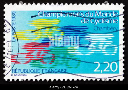 FRANCE - VERS 1989 : un timbre imprimé en France montre les Championnats du monde de cyclisme, Chambéry, vers 1989 Banque D'Images