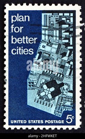 USA - VERS 1967: Un timbre imprimé aux Etats-Unis montre vue de la ville modèle, et la Conférence internationale de l'institution américaine des urbanistes, Washi Banque D'Images