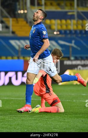 Massimo Paolone/Lapresse 25 mars 2021 Parme, Italie football sportif Italie contre l'Irlande du Nord - qualifications européennes coupe du monde de la Fifa Qatar 2022 - Stade Ennio Tardini dans le pic: Leonardo Spinazzola (Italia) est desperates Banque D'Images