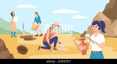 Fouilles archéologiques.Des personnages dans le désert, des hommes et des femmes à la recherche d'objets anciens et de fossiles, des professionnels archéologues travaillent Illustration de Vecteur