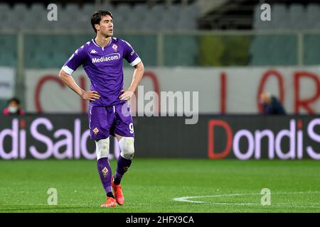 Lapresse - Jennifer Lorenzini 11 avril 2021 Firenze (Italie) Sport Soccer Fiorentina - Atalanta Italian football Championship League A TIM 2020/ 2021 - 'Artemio Franchi' Stadium in the pic: Dusan Vlahovic Banque D'Images