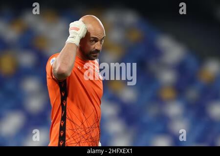 Alessandro Garofalo/Lapresse 22 avril 2021 Naples, Italie football sportif Napoli vs Lazio - Ligue italienne de football A TIM 2020/2021 - Stade Diego Armando Maradona.Dans la photo: Pepe Reina (SS Lazio) Banque D'Images