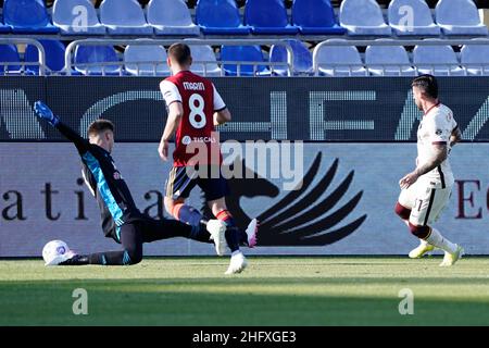 Lapresse/Alessandro Tocco 25 avril 2021 Cagliari (Italie) Sport Soccer Cagliari Calcio vs AS Roma League A TIM 2020/2021 "Sardegna Arena" Stadium&#xA0; sur la photo: Goal Perez 1-1 Banque D'Images