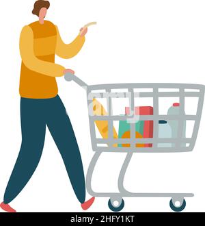Homme regardant la liste des magasins et poussant le tramway de supermarché Illustration de Vecteur