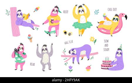 Caractères sloth.Animaux paresseux mignons dans différentes poses, livre de lecture, détente sur branche d'arbre, équitation à bord long, danse sur fête d'anniversaire, puérile Illustration de Vecteur