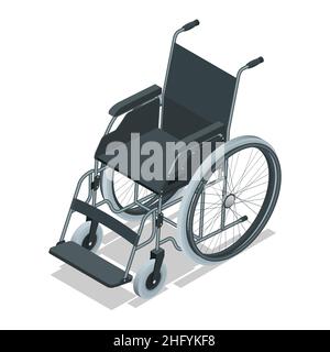 Fauteuil roulant isométrique isolé.Équipement de soutien médical.Concept de soins de santé.Chaise avec roues, utilisée lorsque la marche est difficile ou impossible à cause de Illustration de Vecteur