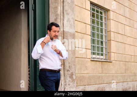 Mauro Scrobogna /Lapresse 01 juillet 2021 et#xA0; Rome, Italie politique Lega - Salvini point de presse sur la photo: Matteo Salvini, chef de la Ligue, pendant le point de presse habituel près du Sénat Banque D'Images