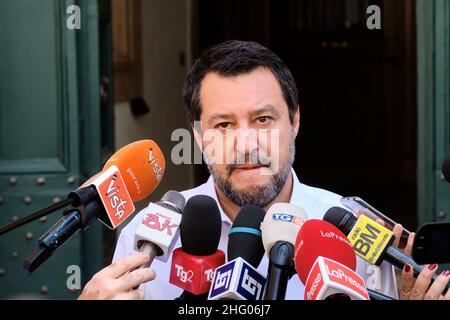 Mauro Scrobogna /Lapresse 01 juillet 2021 et#xA0; Rome, Italie politique Lega - Salvini point de presse sur la photo: Matteo Salvini, chef de la Ligue, pendant le point de presse habituel près du Sénat Banque D'Images