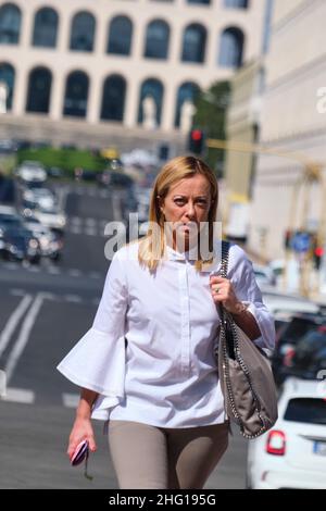 Mauro Scrobogna /Lapresse 07 septembre 2021 Rome, Italie politique élections municipales à Rome - Michetti centre de campagne électorale à droite dans la photo: Le chef de Fratelli d’Italia Giorgia Meloni lors de la présentation des listes de l’IED pour les élections municipales Banque D'Images