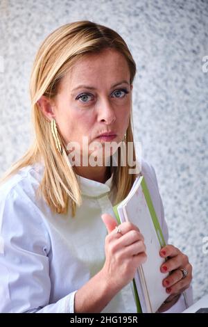 Mauro Scrobogna /Lapresse 07 septembre 2021 Rome, Italie politique élections municipales à Rome - Michetti centre de campagne électorale à droite dans la photo: Le chef de Fratelli d’Italia Giorgia Meloni lors de la présentation des listes de l’IED pour les élections municipales Banque D'Images