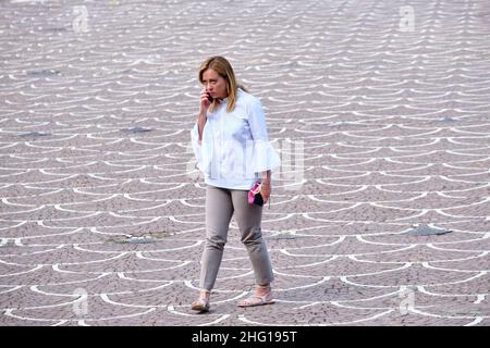 Mauro Scrobogna /Lapresse 07 septembre 2021 Rome, Italie politique élections municipales à Rome - Michetti centre de campagne électorale à droite dans la photo: Le chef de Fratelli d’Italia Giorgia Meloni lors de la présentation des listes de l’IED pour les élections municipales Banque D'Images